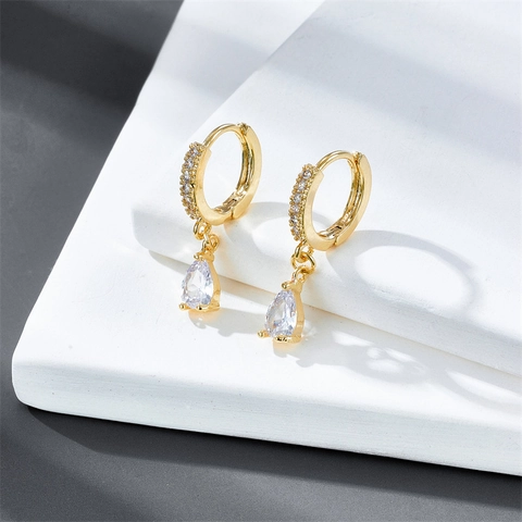 Pendientes Colgantes Zirconia Corte Pera Latón Chapado En Oro 14K Huggie Hoop Gota De Agua Elegante Mujeres