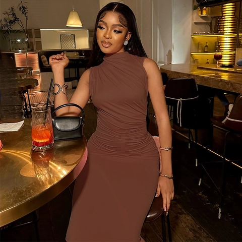 Women's Sleeveless Mock Neck Ruched Maxi Dress Solid Color Spliced Slim Fit Bodycon Summer Party Long Dress