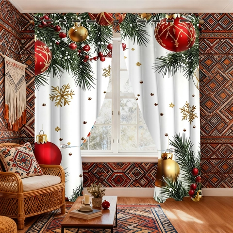Christmas Window Curtains Polyester Grommet Top Blackout Panels Festive Print Poinsettia Pine For Living Room