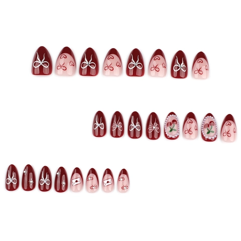 Uñas Postizas Forma Almendra Borgoña Rosa Corazón Lazo Cereza Uñas Postizas Perla Artificial Estrás Decoración Mujeres Dulce Retro Brillante