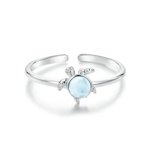 925 Sterling Silver Sea Turtle Ring For Women With Blue Larimar Style Stone Adjustable Open Band Animal Ocean Jewelry