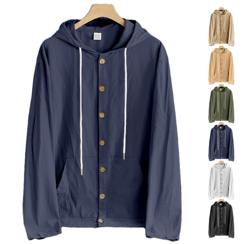 Camicia Con Cappuccio Uomo Misto Lino Bottoni Maniche Lunghe Vestibilità Ampia Casual Spiaggia