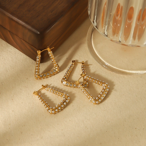 Orecchini Cerchio Geometrici Triangolo Placcati Oro 18K Acciaio Inossidabile Strass E Künstliche Perle Gioielli Eleganti Donna