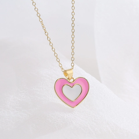 Heart Pendant Necklace Double Layer Enamel Zircon 18K Gold Plated Copper Minimalist Jewelry For Women