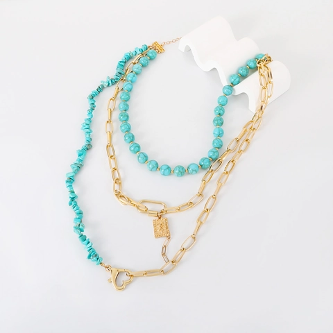 Bohemian Alloy Artificial Turquoise Multilayer Necklace For Women Vintage Gold Heart Pendant Link Chain Layered Necklaces