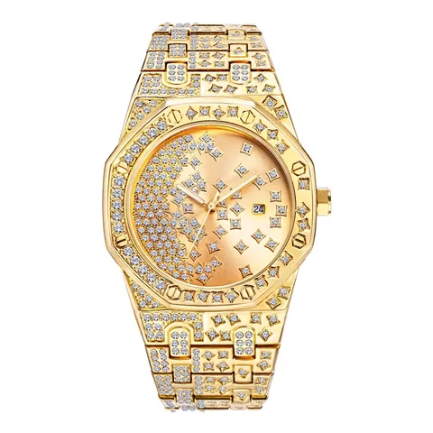 Orologio Al Quarzo Da Uomo Lusso Pieno Rhinestone Iced Out Lunetta Ottagonale Luminoso Data Impermeabile Moda Lega