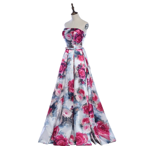 Abito Da Sera In Raso Senza Spalline Con Stampa Rose Linea Ad A Lunghezza Al Pavimento Con Lacci Sul Retro Per Donna Festa