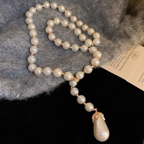 Elegante Collana A Forma Di Y Con Künstliche Perle Sintetiche E Pendente A Goccia Catena Da Maglione In Lega Per Donna