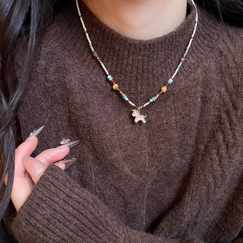 Beaded Anhänger Halskette Naturstein Künstliche Perlen Pferd Welpe Charm Zirkon Stern Herz Luxus Schmuck Für Damen