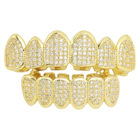 Hip Hop Grillz Top And Bottom Teeth Micro Paved Zircon Copper Gold Plated Vampire Halloween Costume Drip Jewelry