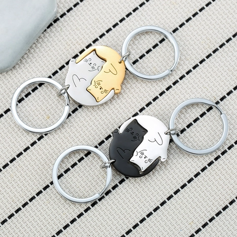 Hugging Cat Keychains Stainless Steel Yin Yang Splicing Puzzle Pendants For Couples Best Friends Cute Bag Charm Gift