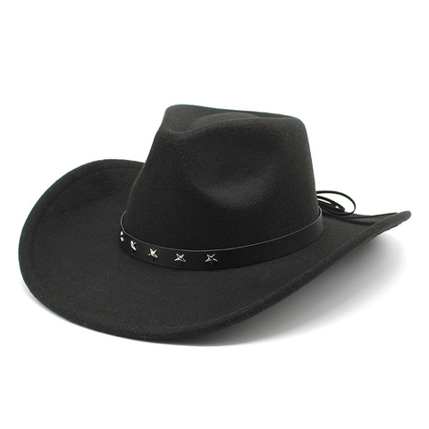 Western Cowboy Hat Cotton Polyester Felt Wide Brim With Metal Star Studs Retro Style For Men Women Party Halloween