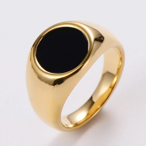 Anillo De Sello Minimalista Acero Inoxidable 304 Redondo Esmalte Negro Incrustación Pulido Galvanizado Joyas Para Hombres Mujeres