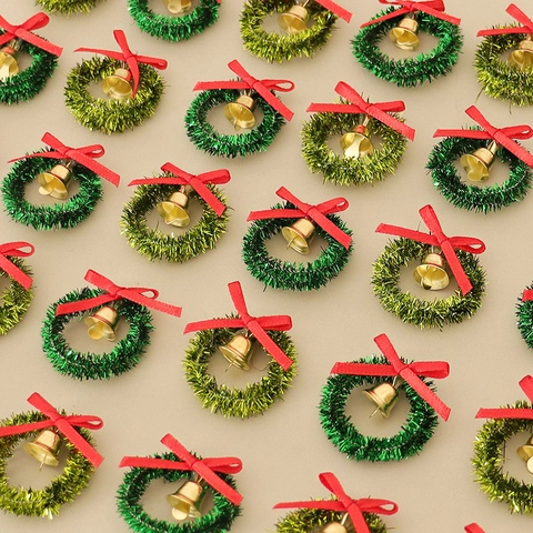 Miniature Christmas Wreath Tiny Tinsel Garland With Red Ribbon Bow And Gold Bell DIY Dollhouse Craft Festive Decor