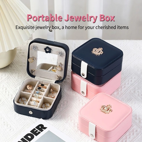 Tragbare Schmuckschatulle PU Leder Mini Reise Organizer Mit Spiegel Und Strasskrone Für Ringe Ohrringe Halsketten