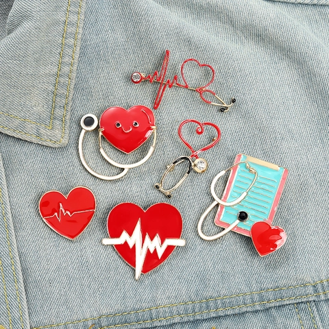 Medical Stethoscope Heart Brooch Pin Alloy Enamel ECG Rhinestone Lapel Pins For Nurses Doctors And Students