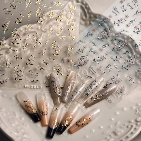 Pegatinas de Uñas Patrón Hojas Flores Estampado Oro Plata Textura Gelatina Calcomanías Autoadhesivas para Mujer Niños Belleza