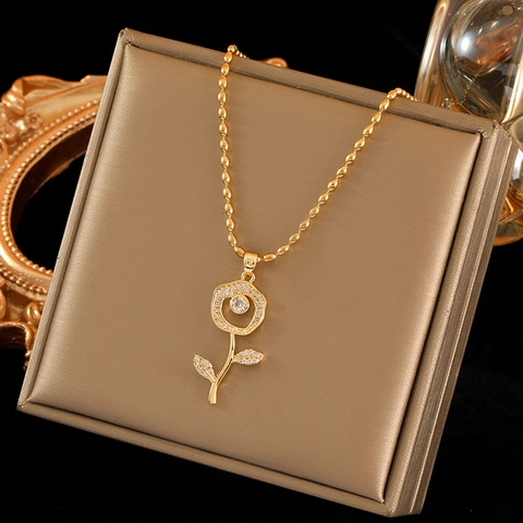 Eleganter Edelstahl Rose Blume Anhänger Halskette Für Damen Gold Vergoldet Perlenkette Strass Eingelegt Mode Schmuck Geschenk