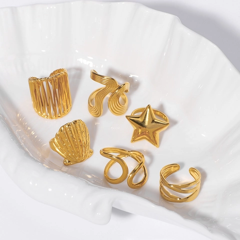 Hollow Star Shell Open Rings 18K Gold Plated Stainless Steel Geometric Wavy Adjustable Minimalist INS Fashion Women Jewelry