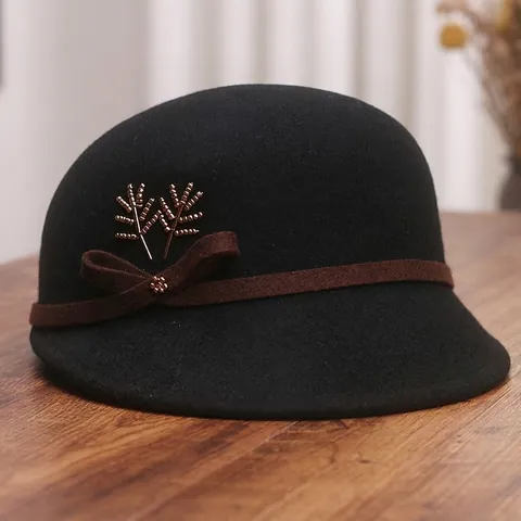 Women Cloche Hat 100% Wool Felt Vintage British Style Round Dome With Bowknot Metal Wheat Decor Winter Elegant Fashion