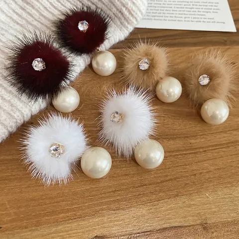Autumn Winter Elegant Alloy Faux Fur Ball Drop Earrings With Imitation Artificial Pearl Rhinestone And Silver Earring Post Women