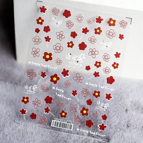 Autocollants Ongles 5D Motif Petite Fleur Rouge Relief Auto-adhésif Manucure Décalcomanies Floral Élégant Accessoires Beauté