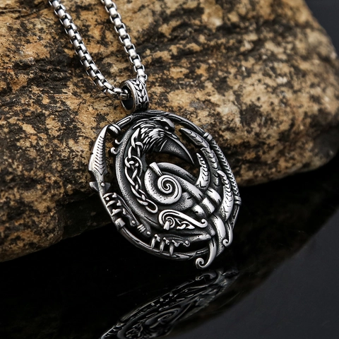 Collar Con Colgante De Cuervo Vikingo Vintage Para Hombre Acero Inoxidable Nudo Celta Redondo Hueco Joyería Punk