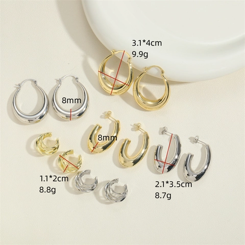 Orecchini a Forma di U in Rame Lucidato Minimalisti per Donna Gioielli Geometrici Ovali Vuoti a Più Strati con Clip da Regalo
