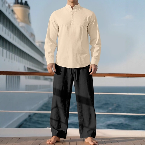 Tenue Homme Décontractée En Mélange De Lin Chemise Henley À Manches Longues Et Pantalon À Cordon Vacances Coupe Ample Uni
