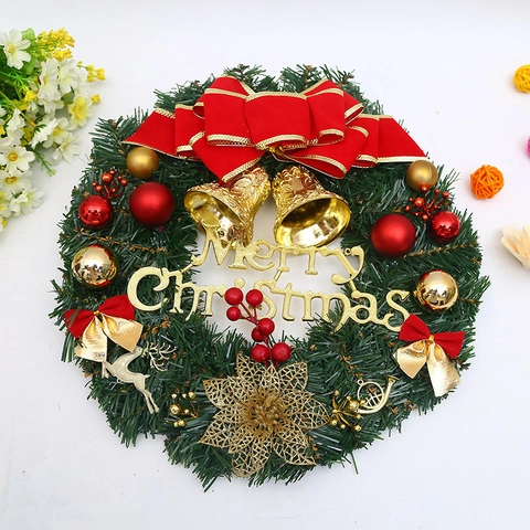 Ghirlanda Di Natale Artificiale Con Fiocchi Rossi Campanelli Dorati Aghi Di Pino Scritta Merry Christmas Decorazione Casa