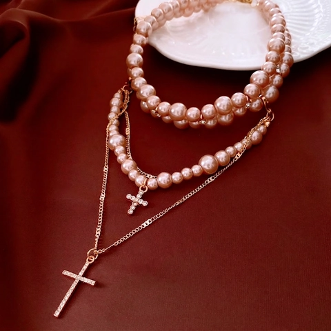 Multi Layer Necklace For Women Retro Luxury Glass Artificial Pearl Alloy Chain With Rhinestone Double Cross Pendants Elegant