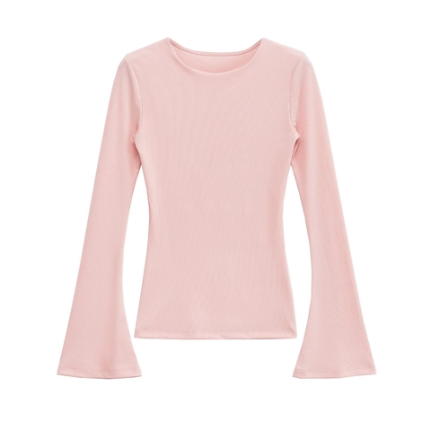 Maglietta a Maniche Lunghe Slim Fit in Maglia a Coste da Donna con Manica a Campana Girocollo Tinta Unita Streetwear