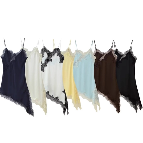 Women Satin Mini Slip Dress Sexy V Neck Eyelash Lace Trim Patchwork Asymmetric Hem Elegant Sleeveless Party Outfits