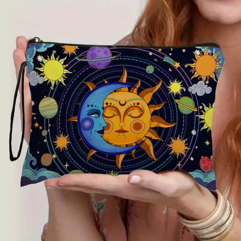 Celestial Sun Moon Cosmetic Bag Linen Zipper Makeup Pouch Hand Strap Bohemian Astrology Travel Toiletry Storage Women