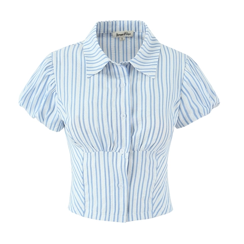 Damen Kurzarm Bluse Strukturierter Polyester Stoff Puffärmel Reverskragen Knopfleiste Schmale Passform Elegantes Modisches Top