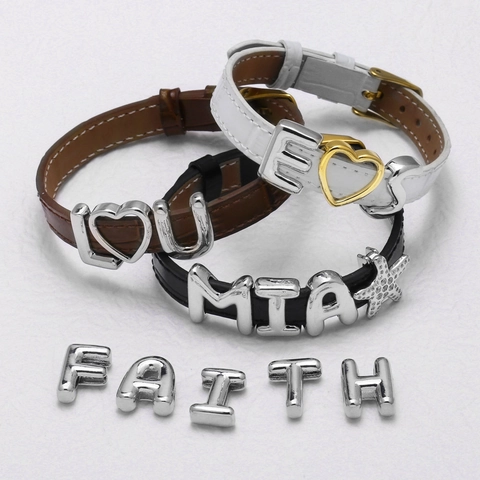 Alphabet Letter Slider Charms DIY Bracelet Mesh Band PU Leather Strap Puffed Capital Initials Fashion Jewelry Women