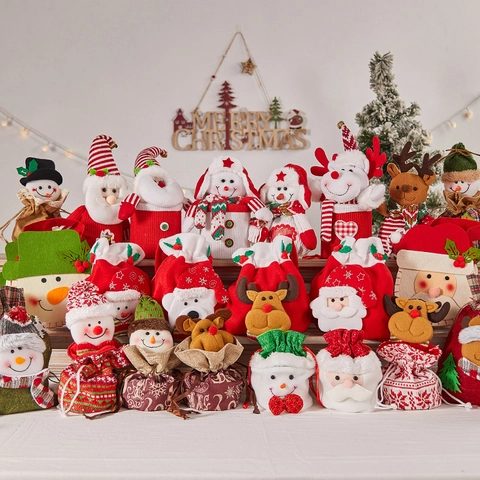 Christmas Gift Bags Knitted Burlap Santa Snowman Reindeer Drawstring Pouch Holiday Party Decor Favors Apple Candy Container