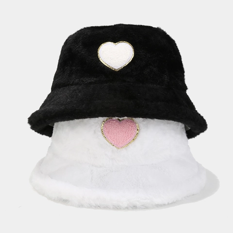 Faux Fur Bucket Hat Für Damen Warmer Plüsch Winterhut Mit Herzaufnäher Weiches Winddichtes Outdoor Modeaccessoire