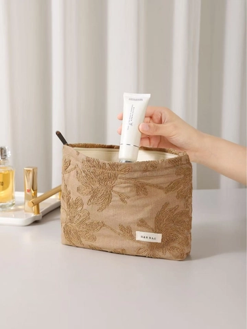 Floral Embroidery Cosmetic Bag Large Capacity Cotton Linen Makeup Organizer Portable Travel Toiletry Pouch Retro Style Handbag