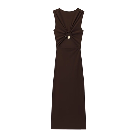 Sleeveless Round Neck Maxi Dress Back Cutout Ruched Detail With Metal Ring Coffee Polyester Slim Fit Back Slit