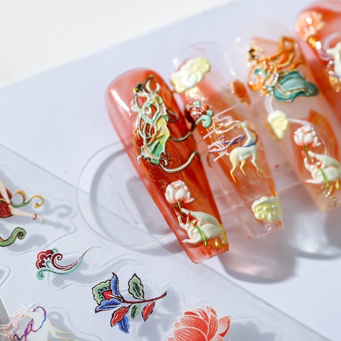 Autocollants À Ongles Gaufrés 5D Style Chinois Vintage Art Dunhuang Autocollants Auto-Adhésifs Ultra Minces Décoration Manucure DIY