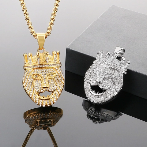 Collar Colgante Cabeza De León Corona Hip Hop Acero Inoxidable Con Cristales Joyería Animal Para Hombres