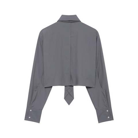 Women Long Sleeve Shirt With Tie Elegant Polyester Solid Color Single Breasted Button Up Crop Top Fashion Blouse