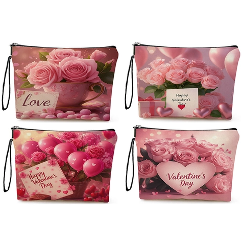 Valentine Rose Floral Print Cosmetic Bag Fine Linen Zipper Makeup Pouch Travel Toiletry Organizer Portable Wristlet Handle