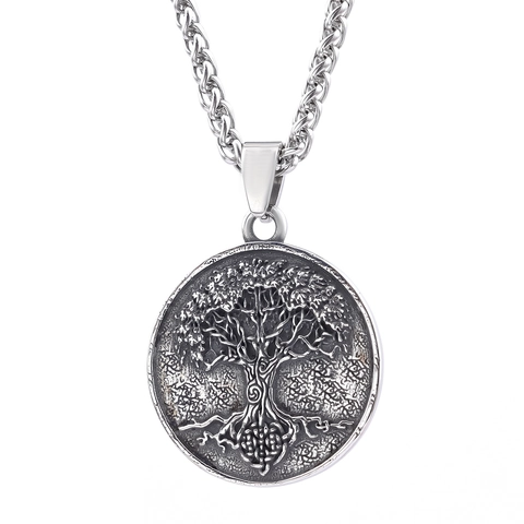 Vintage Tree Of Life Stainless Steel Pendant Necklace Viking Norse Mythology Style Jewelry For Men And Women