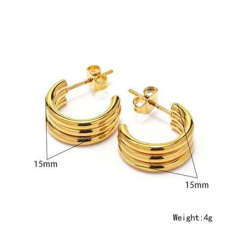 Drie Rijen C-Vormige Oorbellen Verguld Roestvrij Staal Geribbeld Geometrisch Minimalistisch Voor Dames Elegante Mode Sieraden