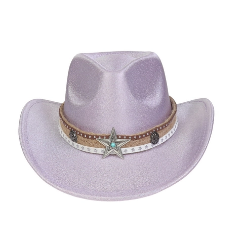 Western Cowboy Hat Glitter Shimmery Wide Brim Cowgirl Jazz Cap For Women Men With Metal Star Rivet Band