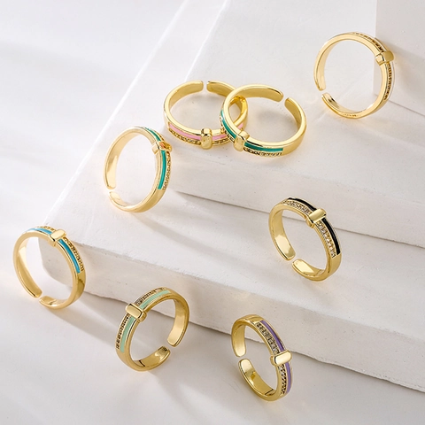 Minimalist Copper Gold Plated Enamel Zircon Open Ring Adjustable Fashion Finger Jewelry For Women Niche Style Accessory