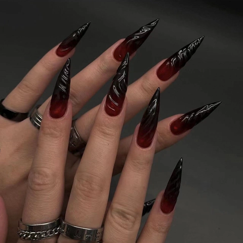 Uñas Press On Halloween Stiletto Extra Largas 3D Swirl Mármol Degradado Negro Rojo Uñas Postizas Punk Gótico