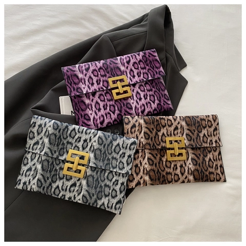 Leopard Print Envelope Clutch Bag Faux Fur Gold Geometric Buckle Party Underarm Purse For Women Stylish